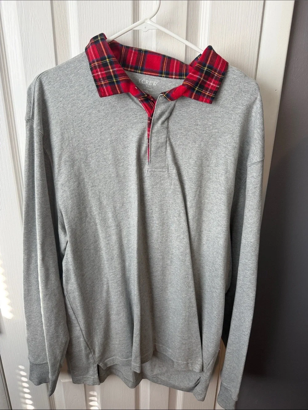 J. Crew Gray Long-Sleeve Rugby with Red Plaid Collar